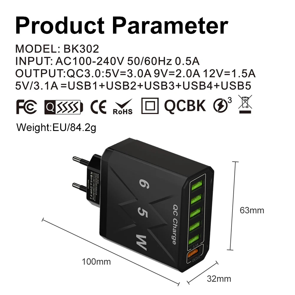 6 Ports USB Charger Fast Charger QC3.0