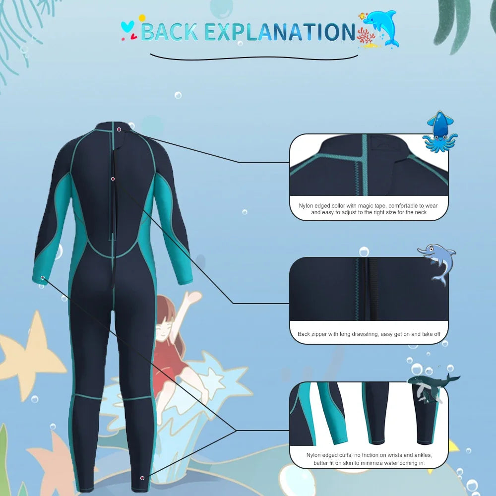Children's 3MM Neoprene Wetsuit Back Zipper Long Sleeves Boys Girls
