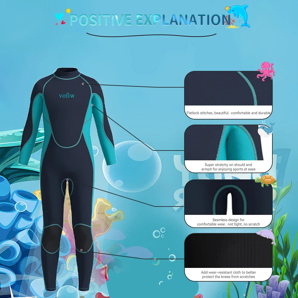 Children's 3MM Neoprene Wetsuit Back Zipper Long Sleeves Boys Girls