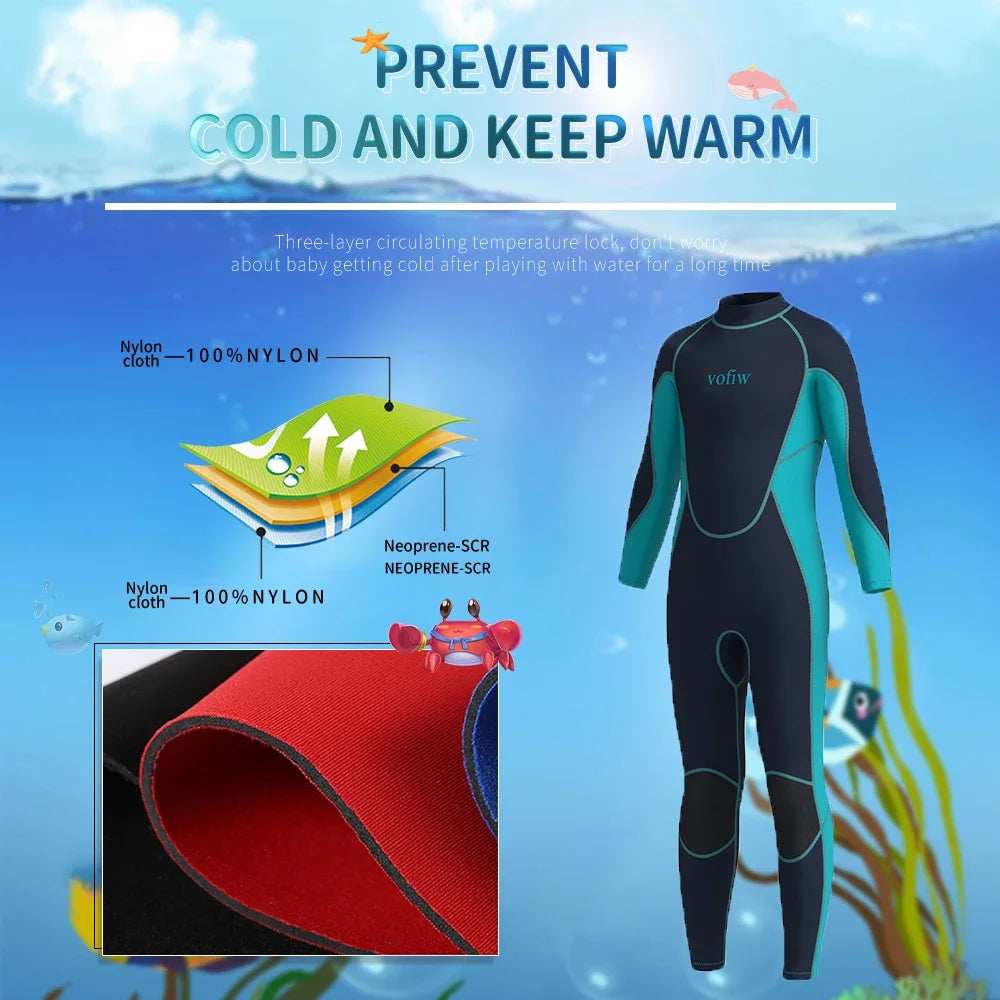 Children's 3MM Neoprene Wetsuit Back Zipper Long Sleeves Boys Girls