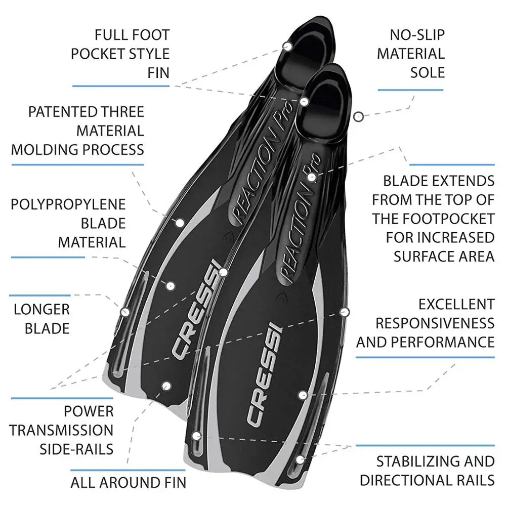 Cressi Reaction Pro Scuba Diving Fins Full Foot Long Blade
