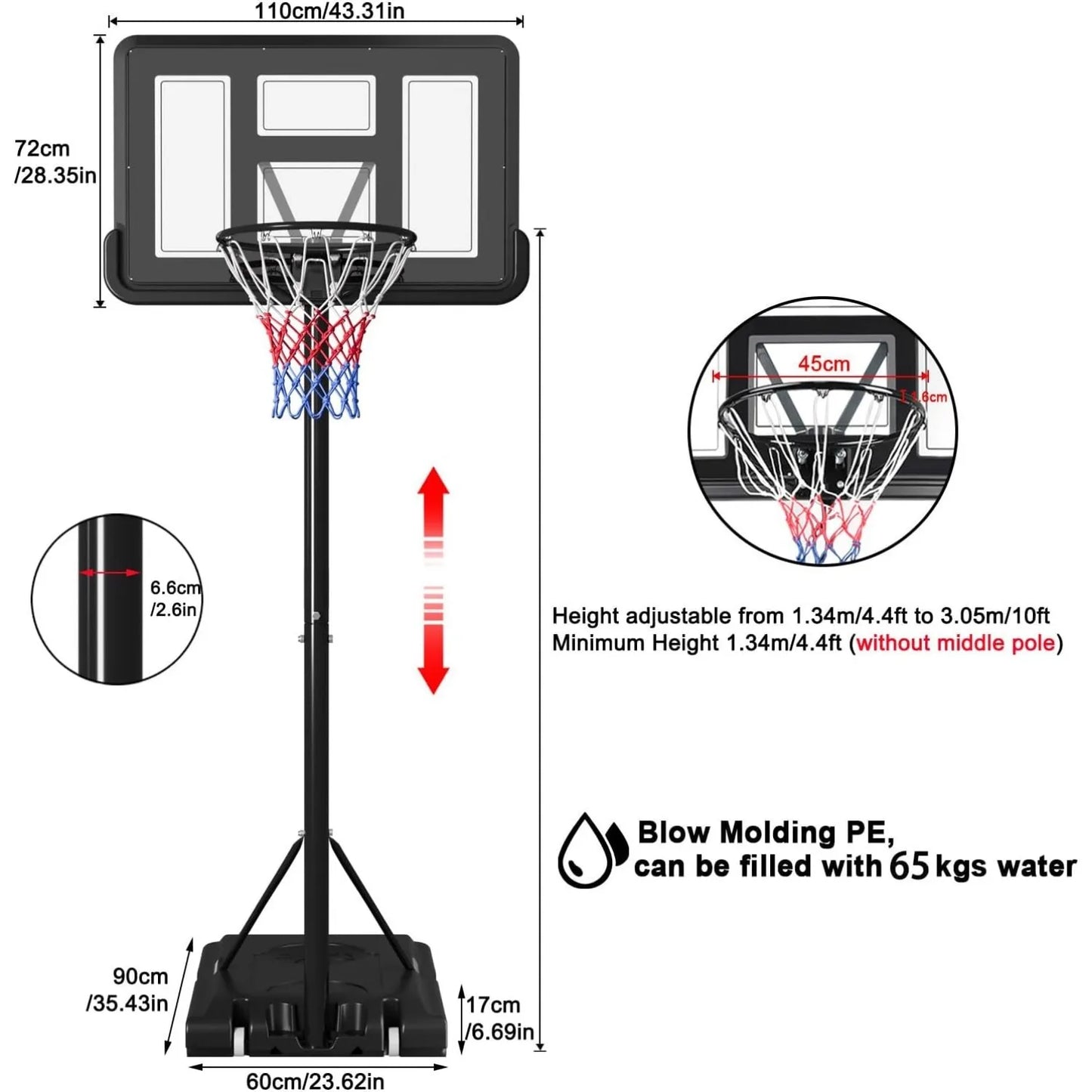 Portable 10ft Basketball Backboard Hoop Net Set Professional Outdoor Basketball Stand