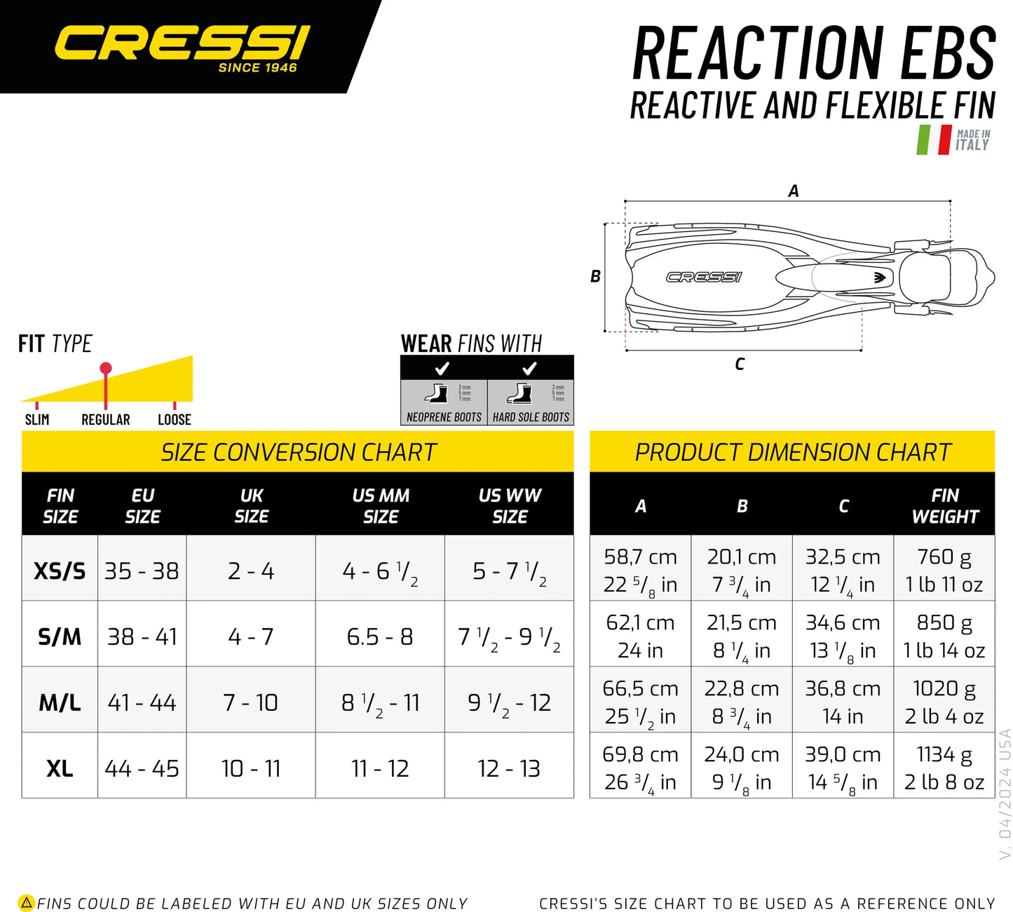 Cressi REACTION Scuba Diving Fins Powerful Open Heel Long Blade