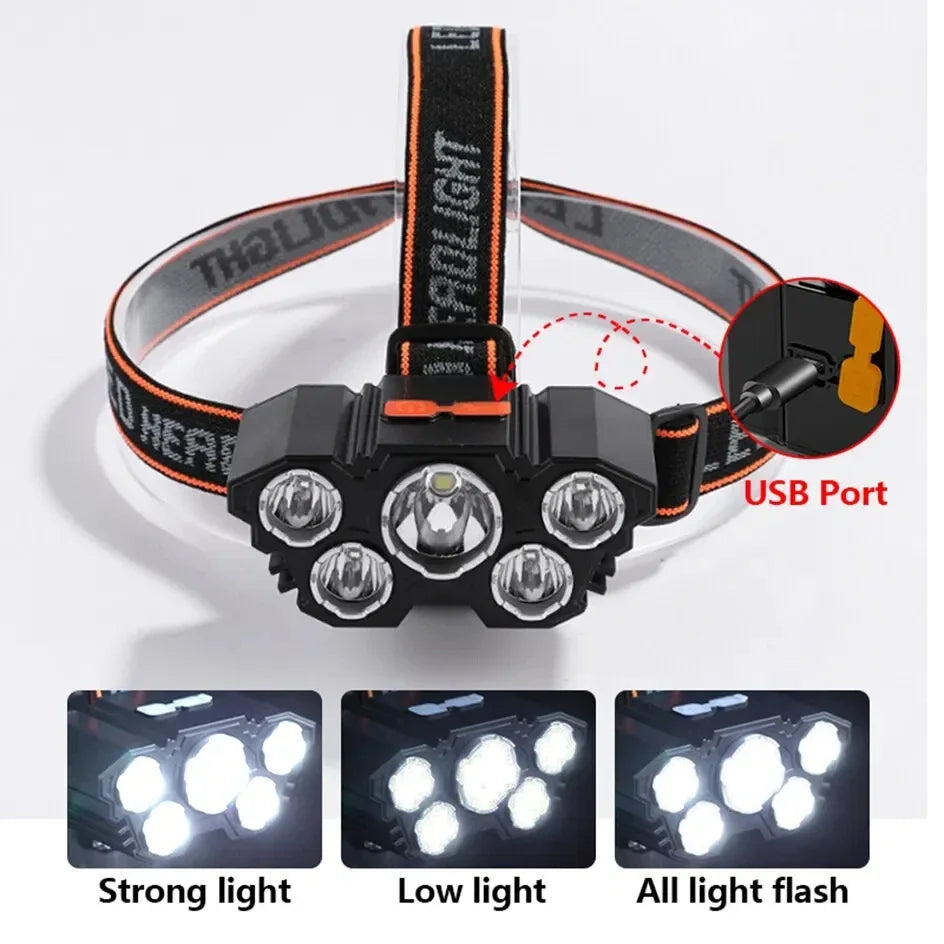 5 LED Flashlight Rechargeable Battery Camping Adventure Fishing Head Light Headlamp