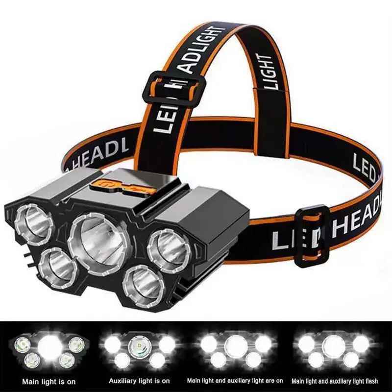 5 LED Flashlight Rechargeable Battery Camping Adventure Fishing Head Light Headlamp