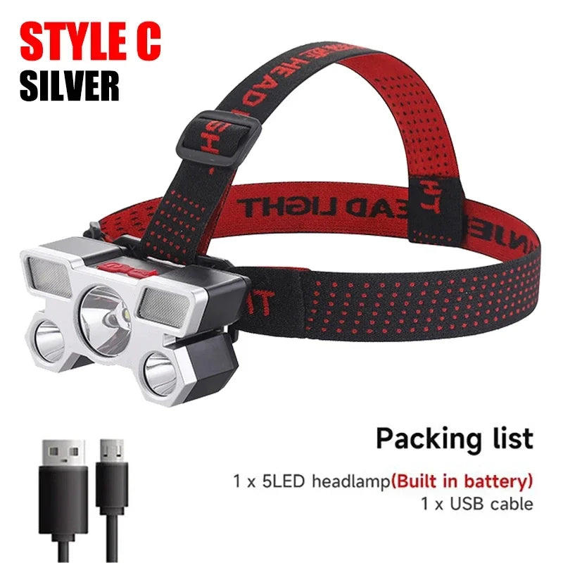 5 LED Flashlight Rechargeable Battery Camping Adventure Fishing Head Light Headlamp